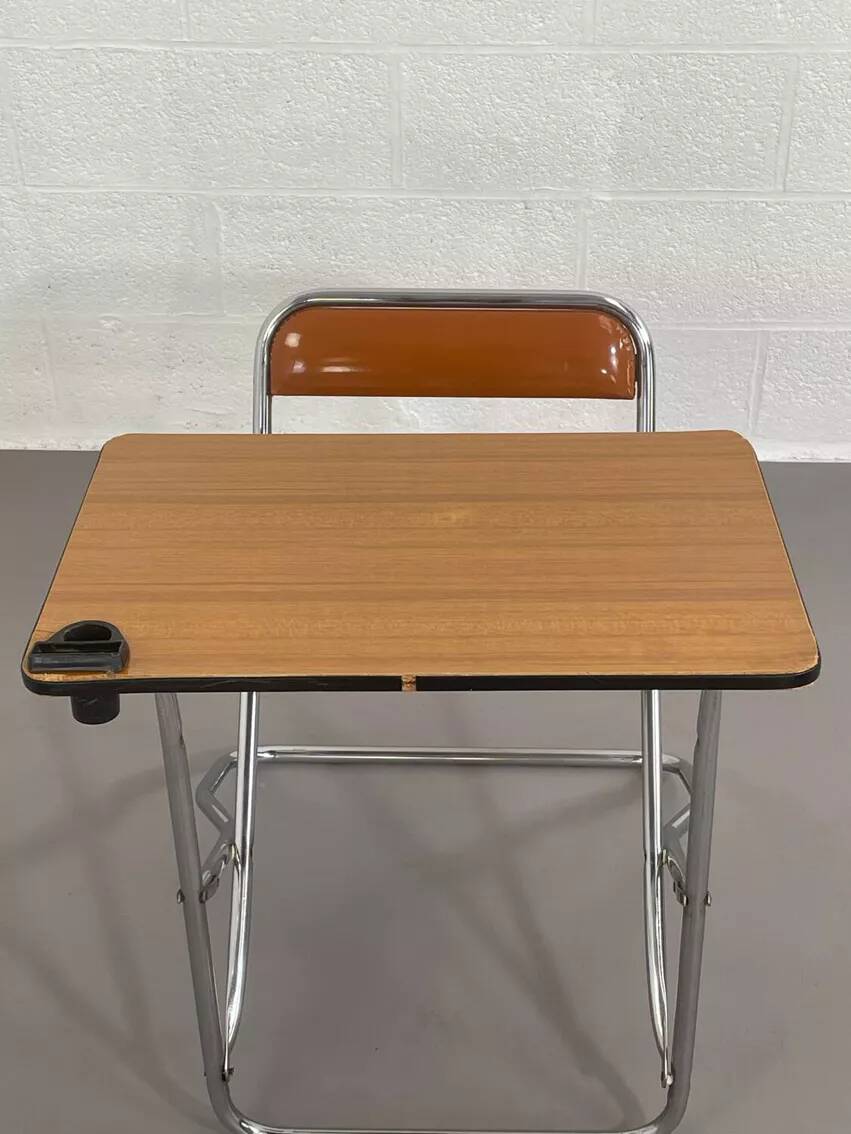 Vintage folding school desk with faux leather seat