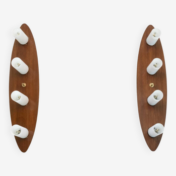 Maison arlus, pair of mahogany and opaline wall lights. 1960s.