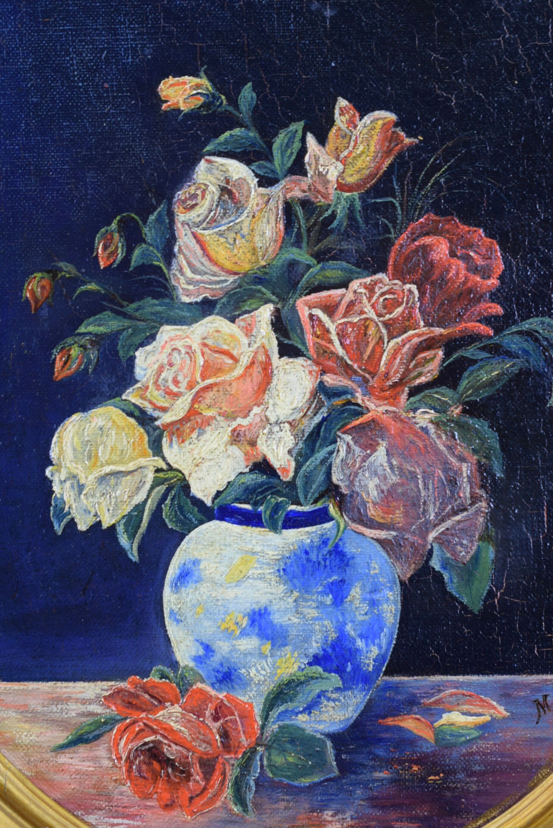 Pair of still life paintings bouquets oval golden frame