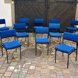 🪑 Set of 13 vintage blue fabric chairs – black metal legs – Guer style