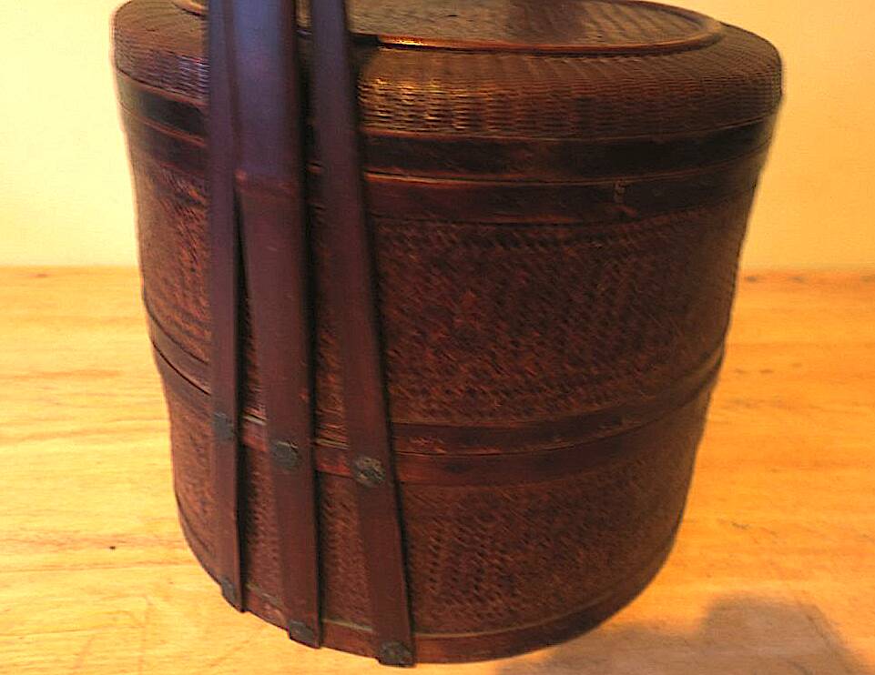 Antique basket in wood and rattan with 3 sections, c. 1900