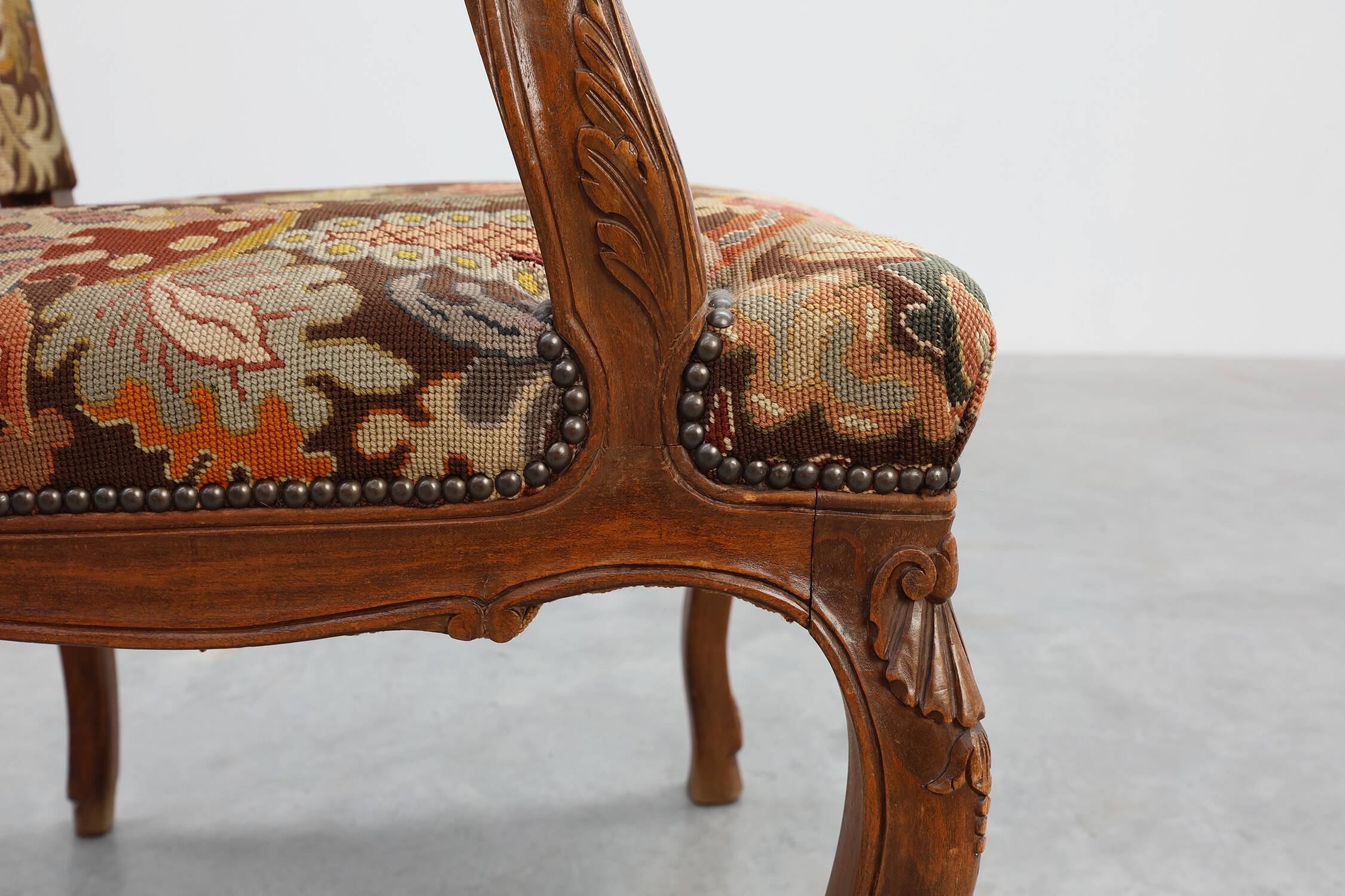 Louis XV Style Carved Walnut Armchair with Needlepoint Upholstery, France
