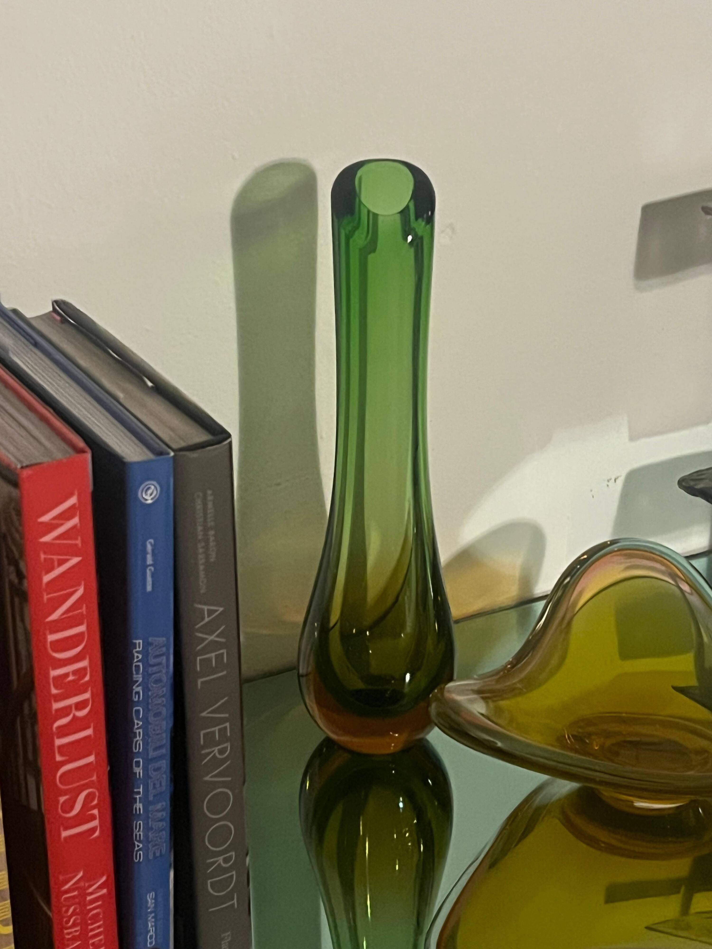 Vintage Big, Tall and Heavy Murano Vase in Green and Orange "Sommerso" Glass