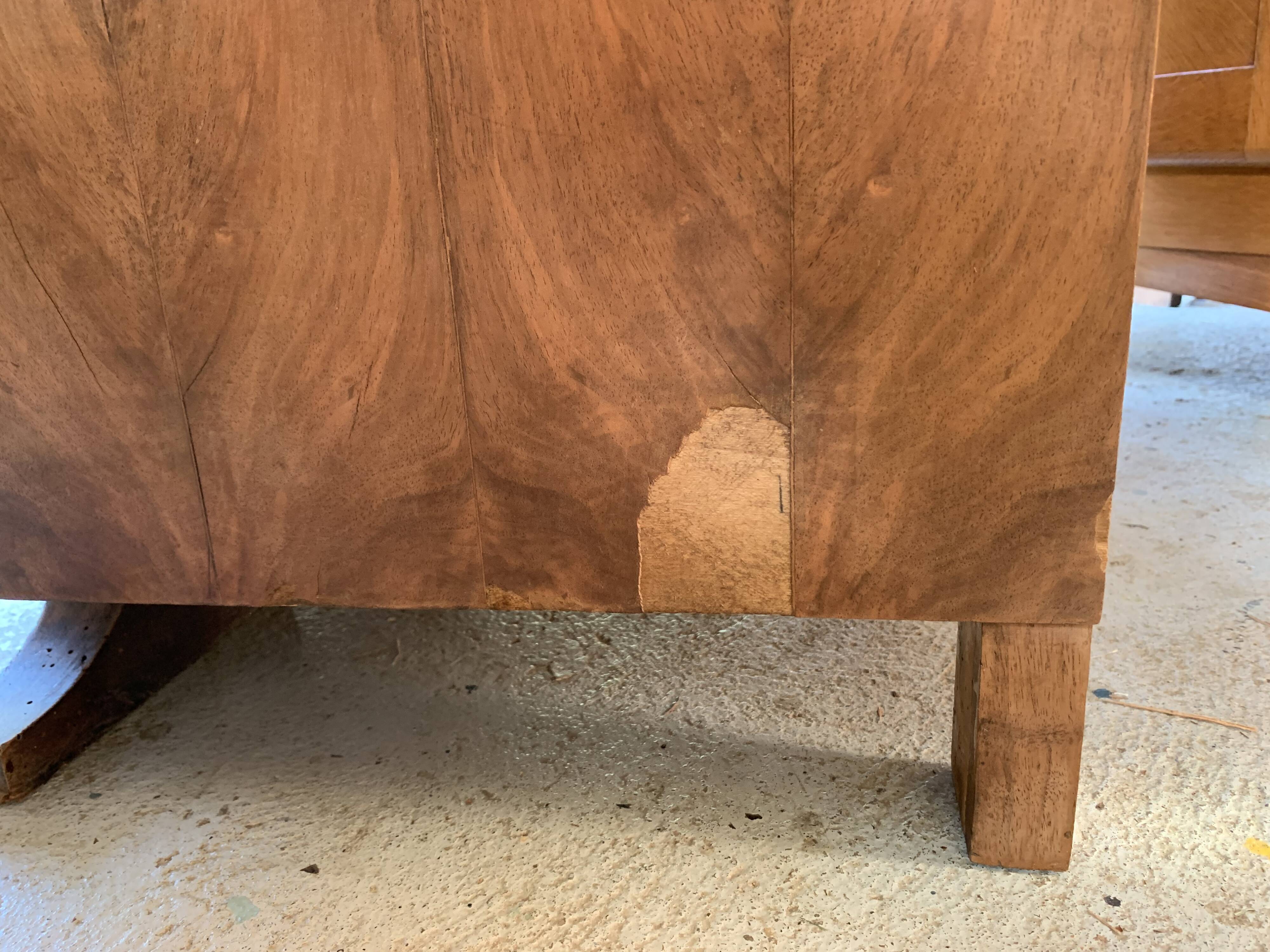 High art deco chest of drawers with mustache feet in raw walnut, 1930s