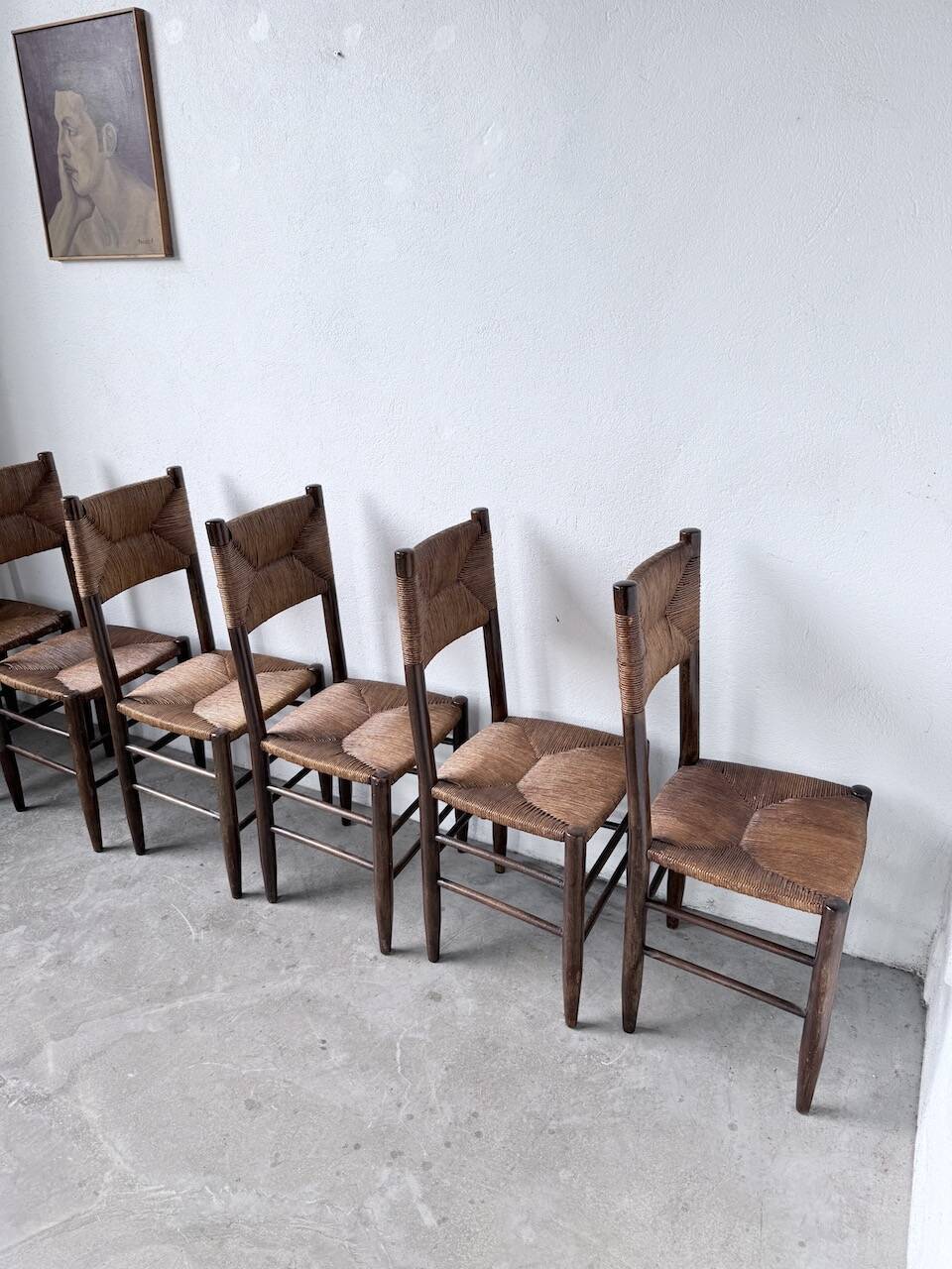 Set of 6 straw and oak Beauche chairs.