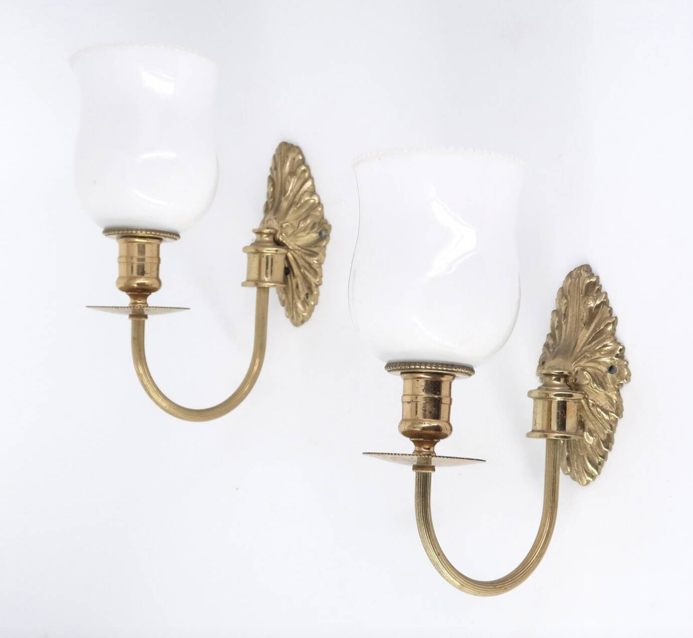Pair of brass and opaque glass wall lights, 1950s