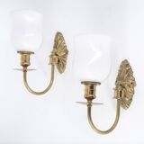 Pair of brass and opaque glass wall lights, 1950s