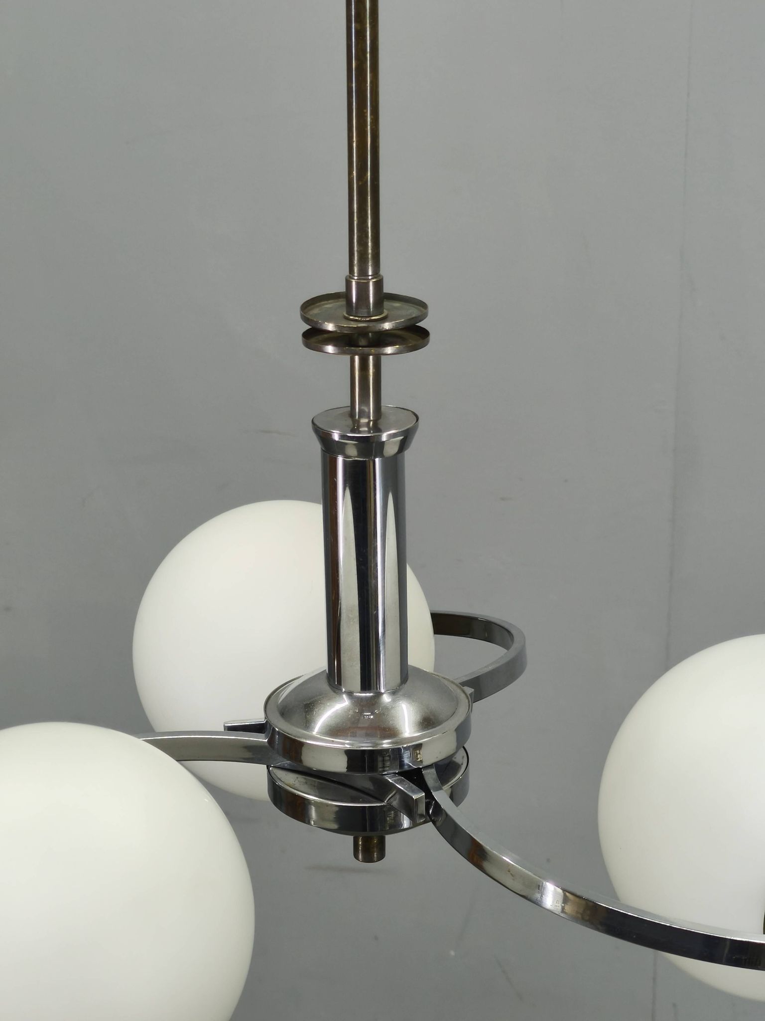 Czech Art Deco Chrome and Opaline Glass Chandelier, 1930s