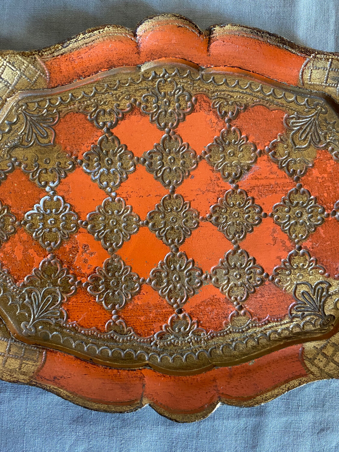 Venetian tray in orange and gold wood