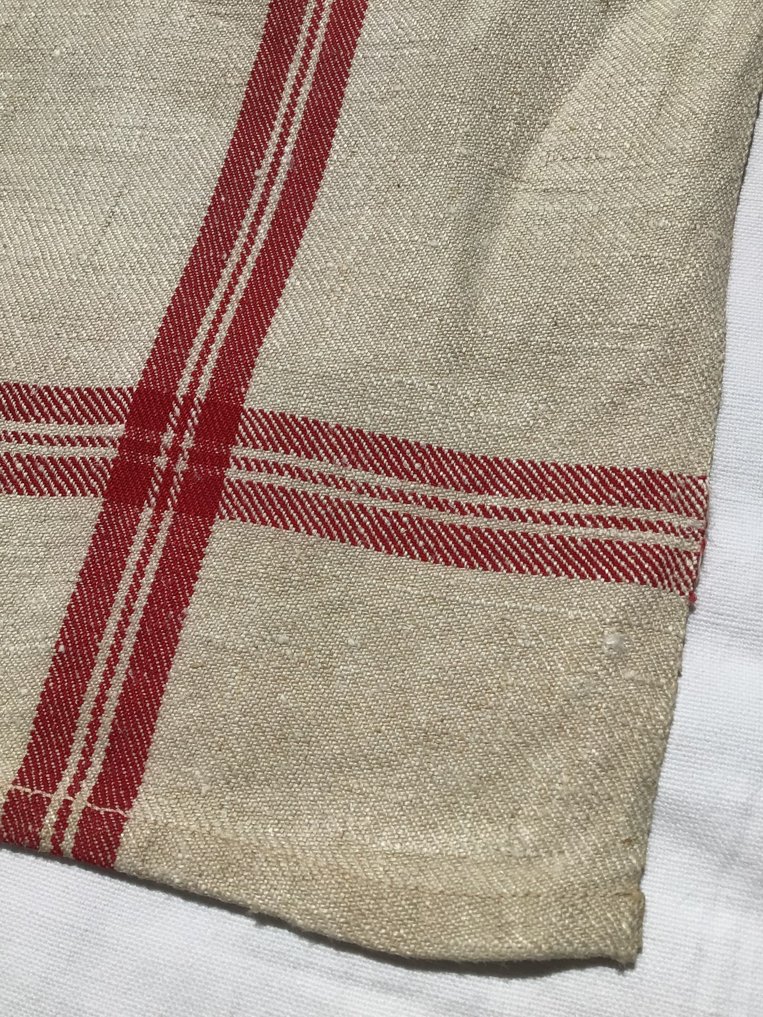 Pair new linen towels embroidered BR triple red stripe