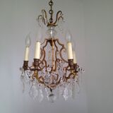 French antique bronze glass & crystal 5 light cage chandelier 4032