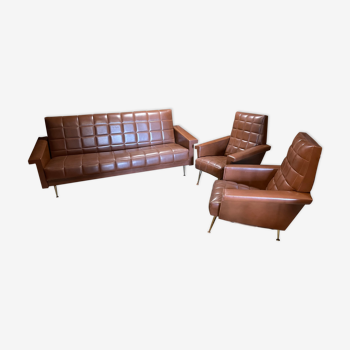 Set canapé daybed et fauteuil skaï vintage année 50