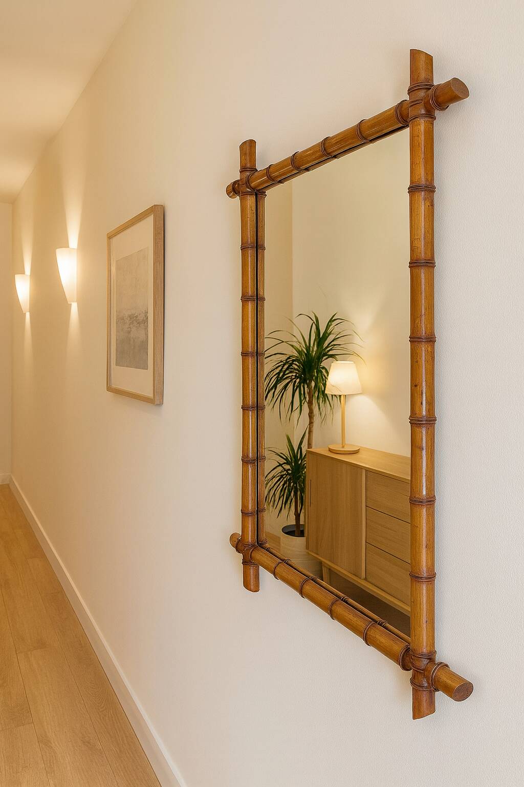 Large cherry wood bamboo mirror 100×76cm