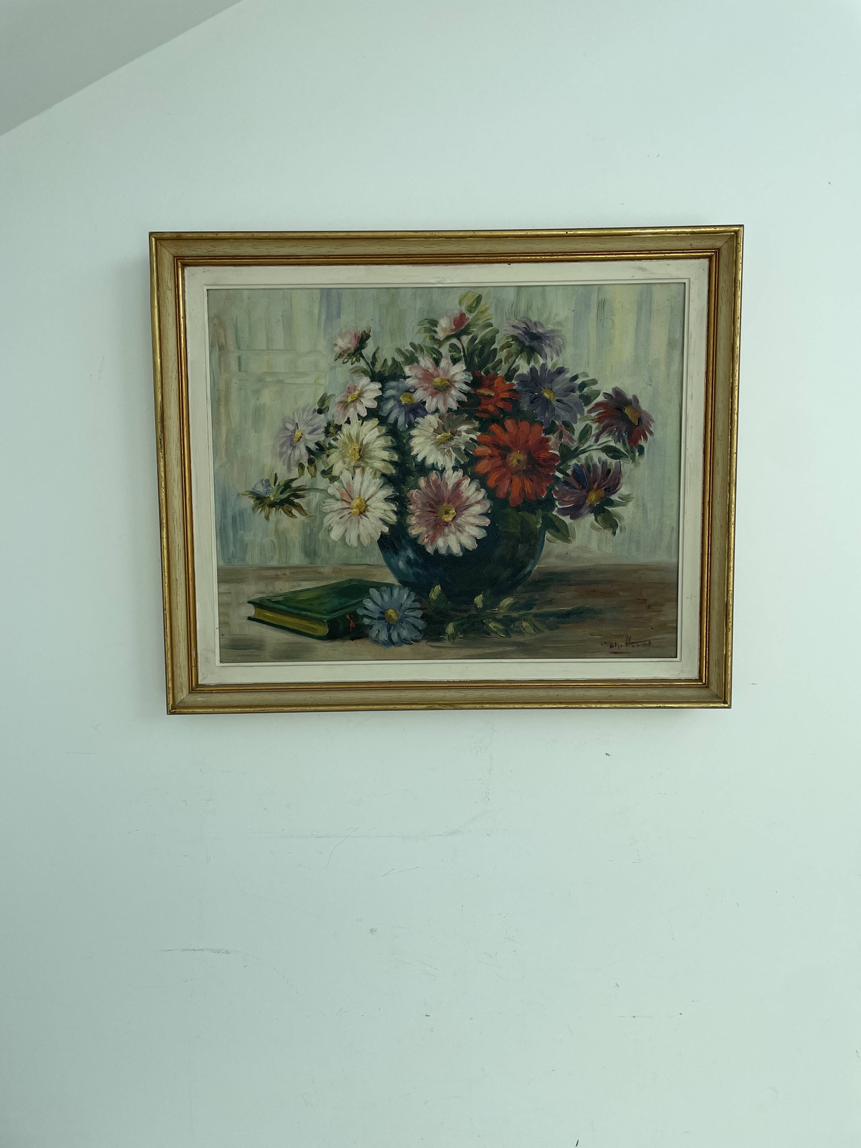 Vintage, oil painting, still life with bouquet of flowers, book, 20th century, signed