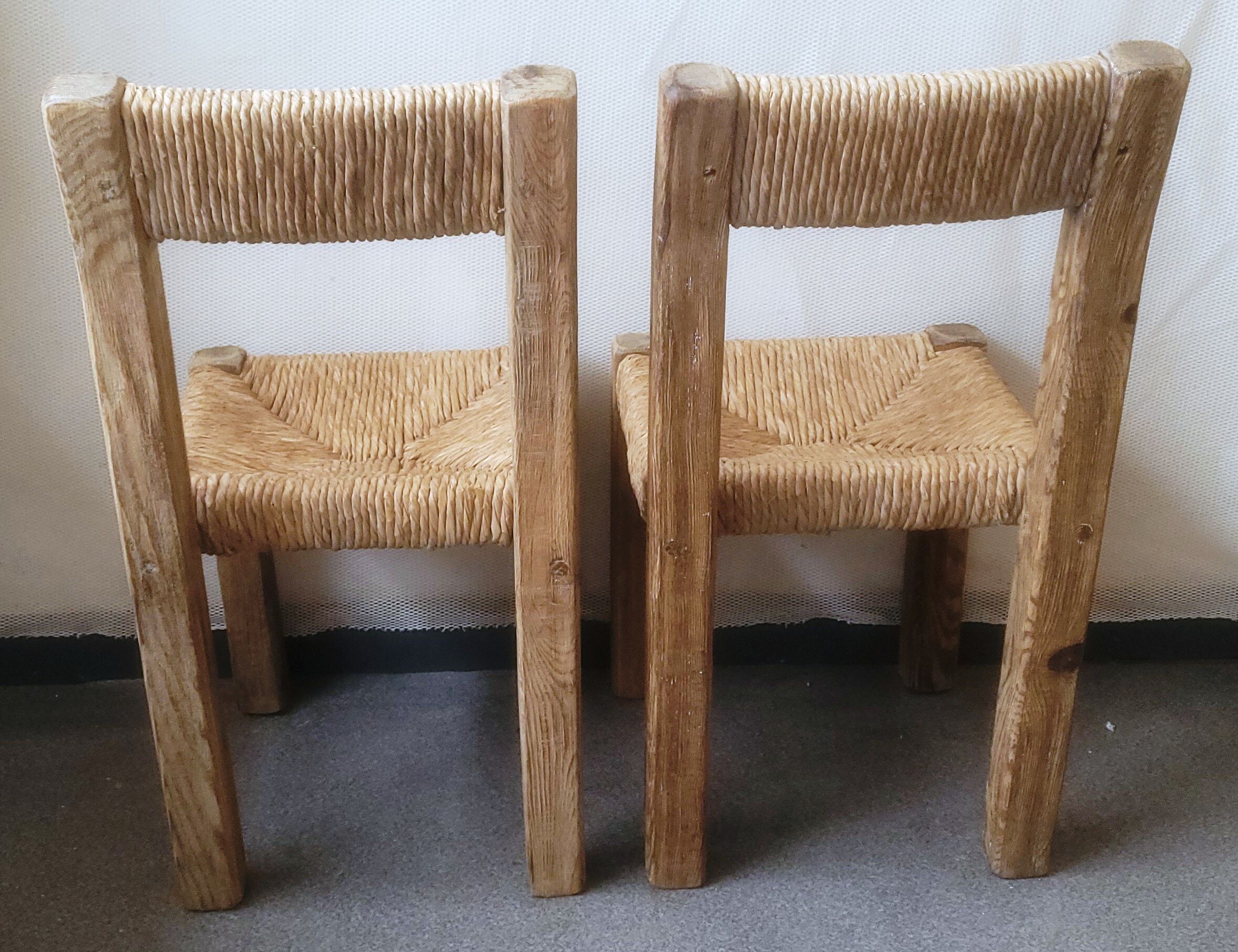 Pair of brutalist chairs in wood and straw