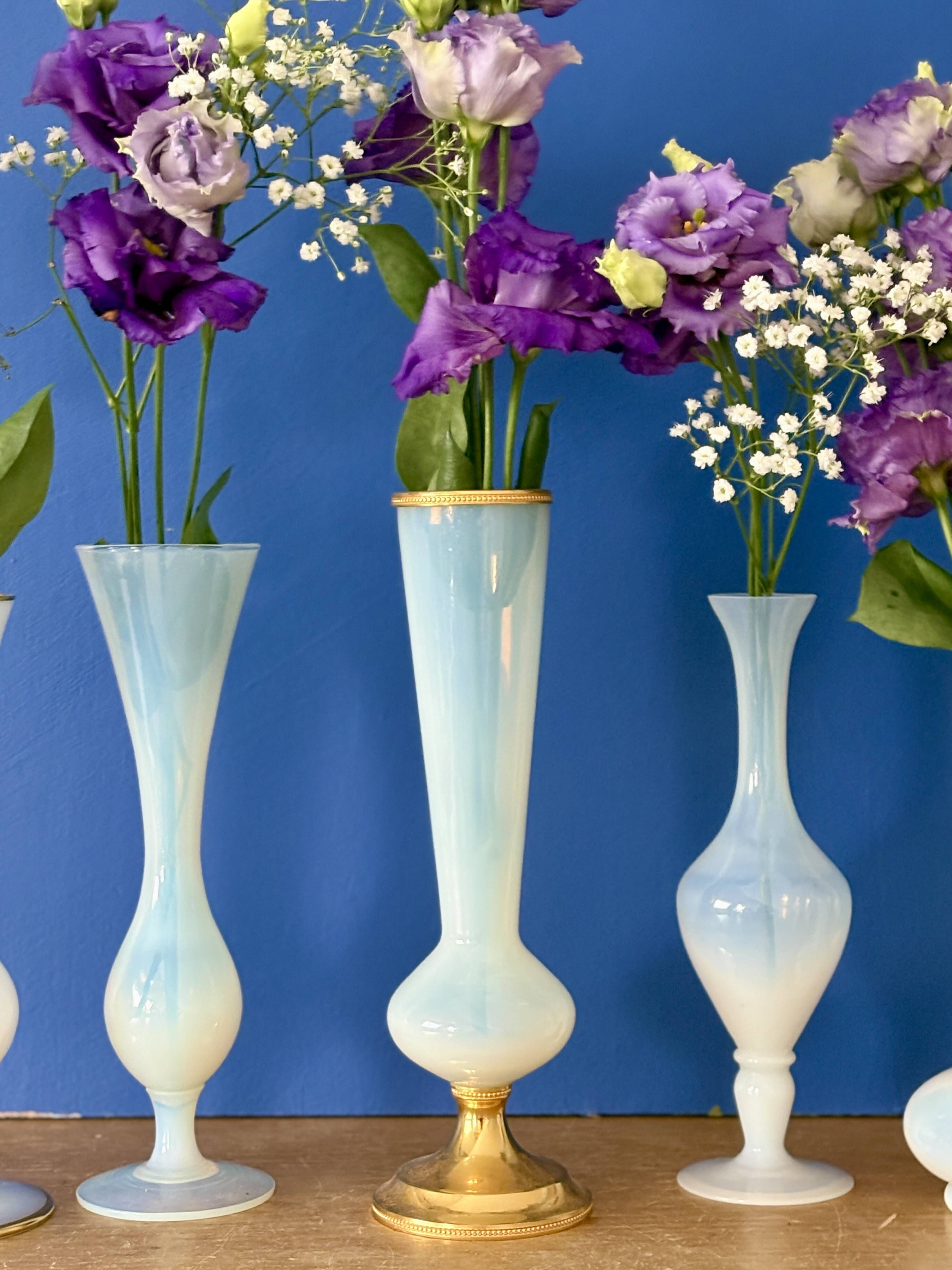 Set of 5 soliflores or antique vases in white opaline and brass.