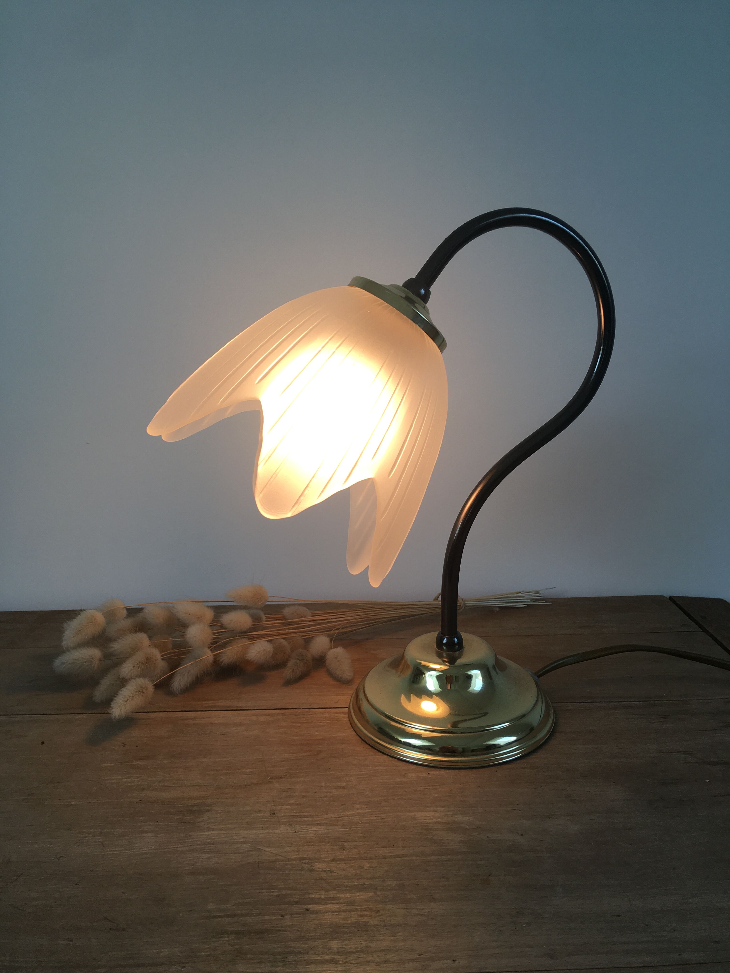 Table lamp with glass globe and brass foot