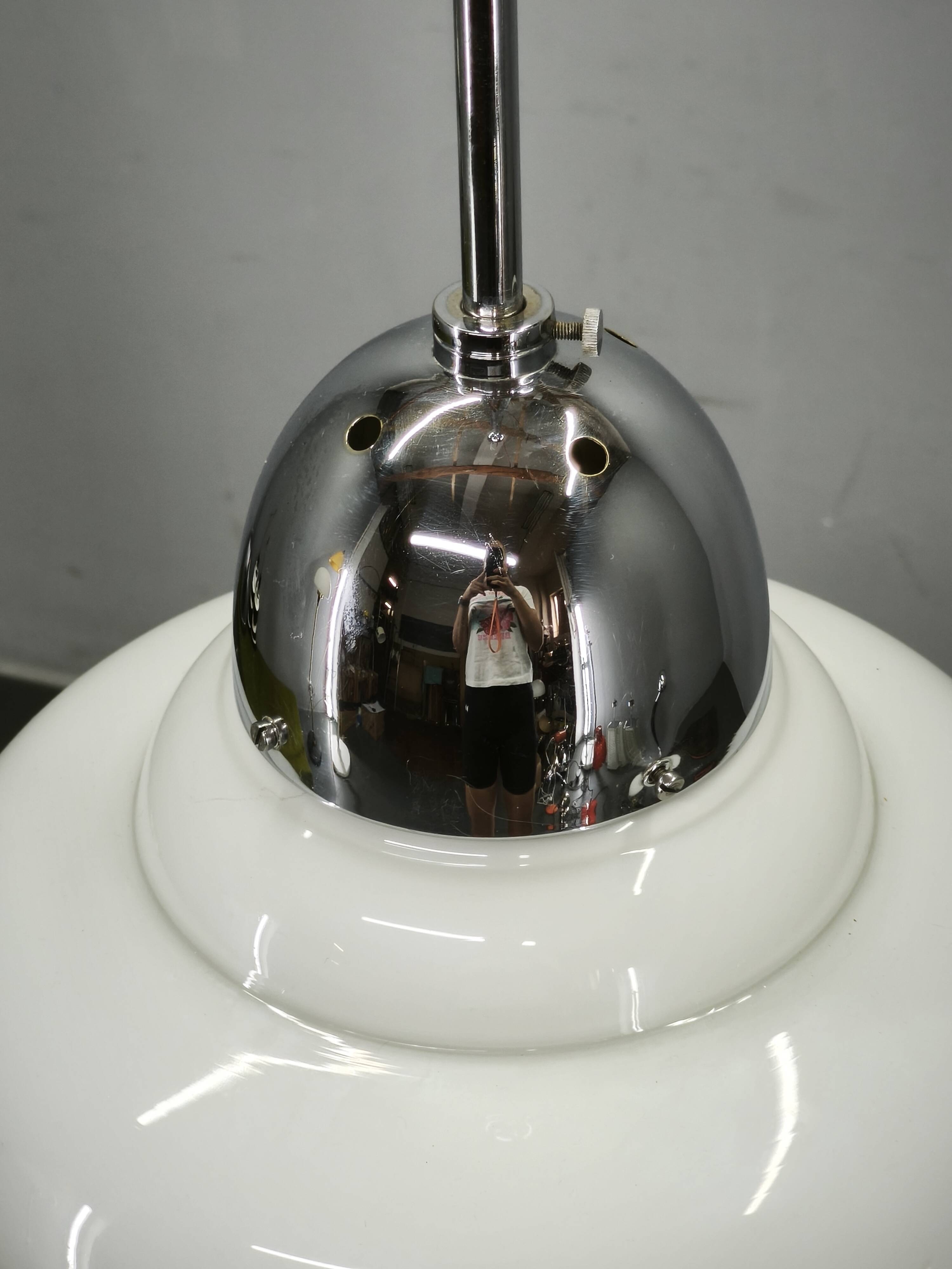 1930s Art Deco Bauhaus Opaline Glass and Chrome Pendant Light