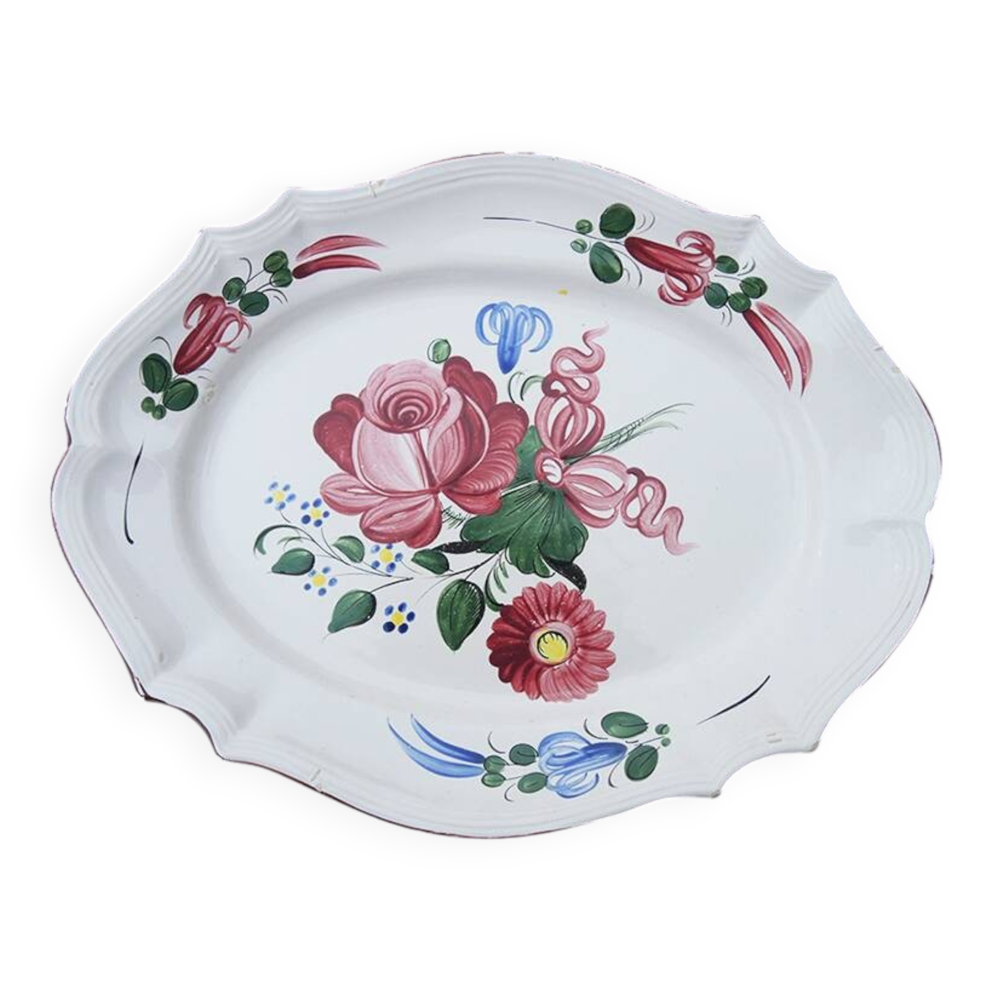 Antique Large Oval Earthenware Dish with Floral Decor