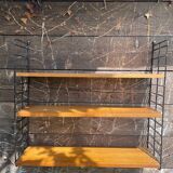 Vintage oak and black metal string shelf 1960