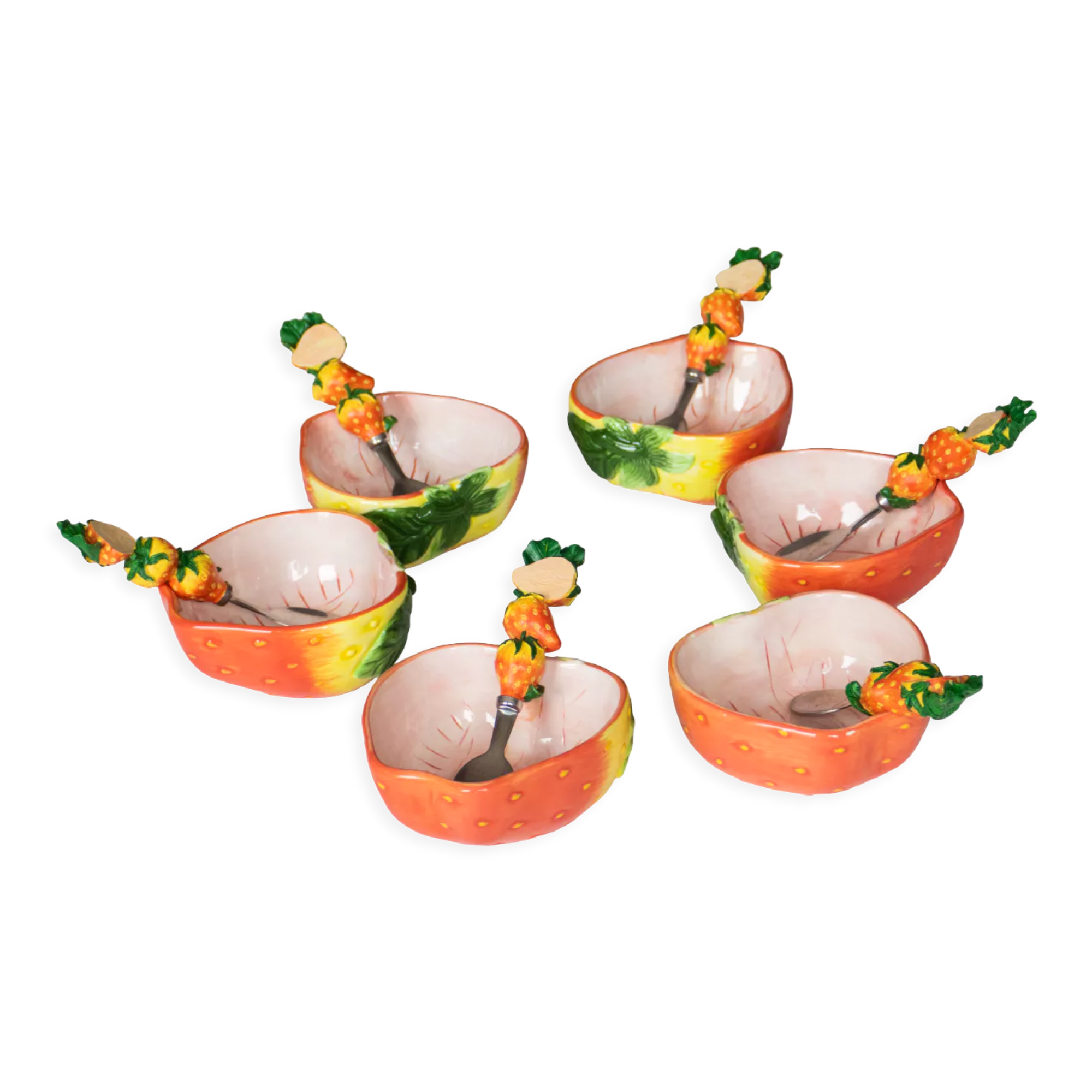 6 antique bowls and 6 spoons strawberry slip