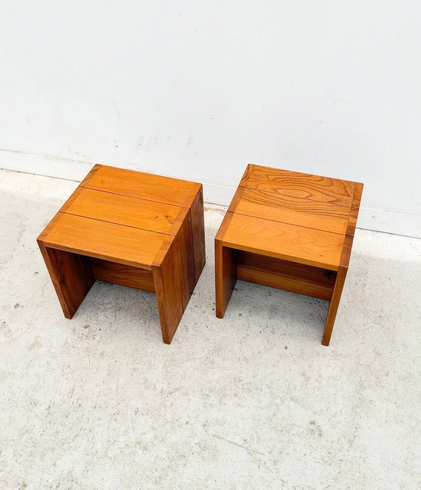 Pair of Maison Regain bedside tables in solid elm, France 1970