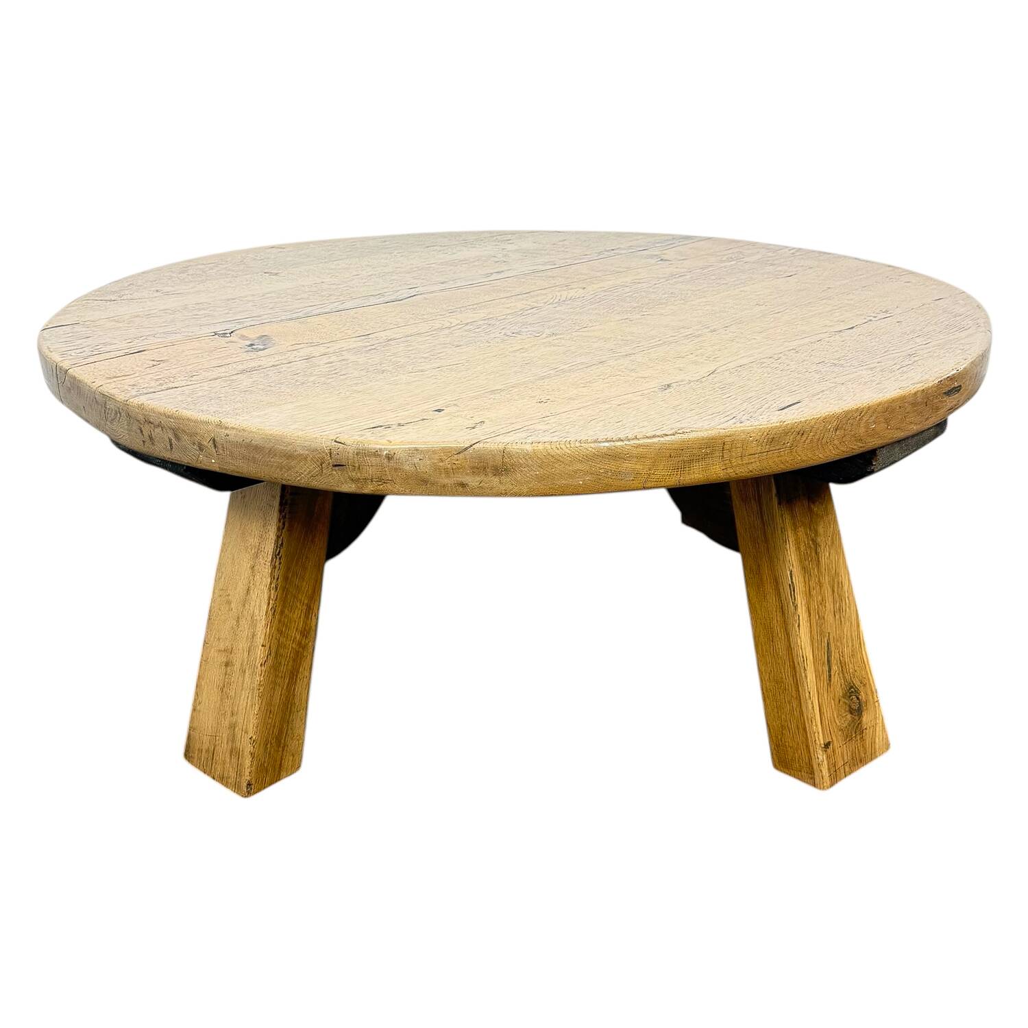 Rustic Solid Oak Coffee Table – Round Brutalist Style – Vintage European De