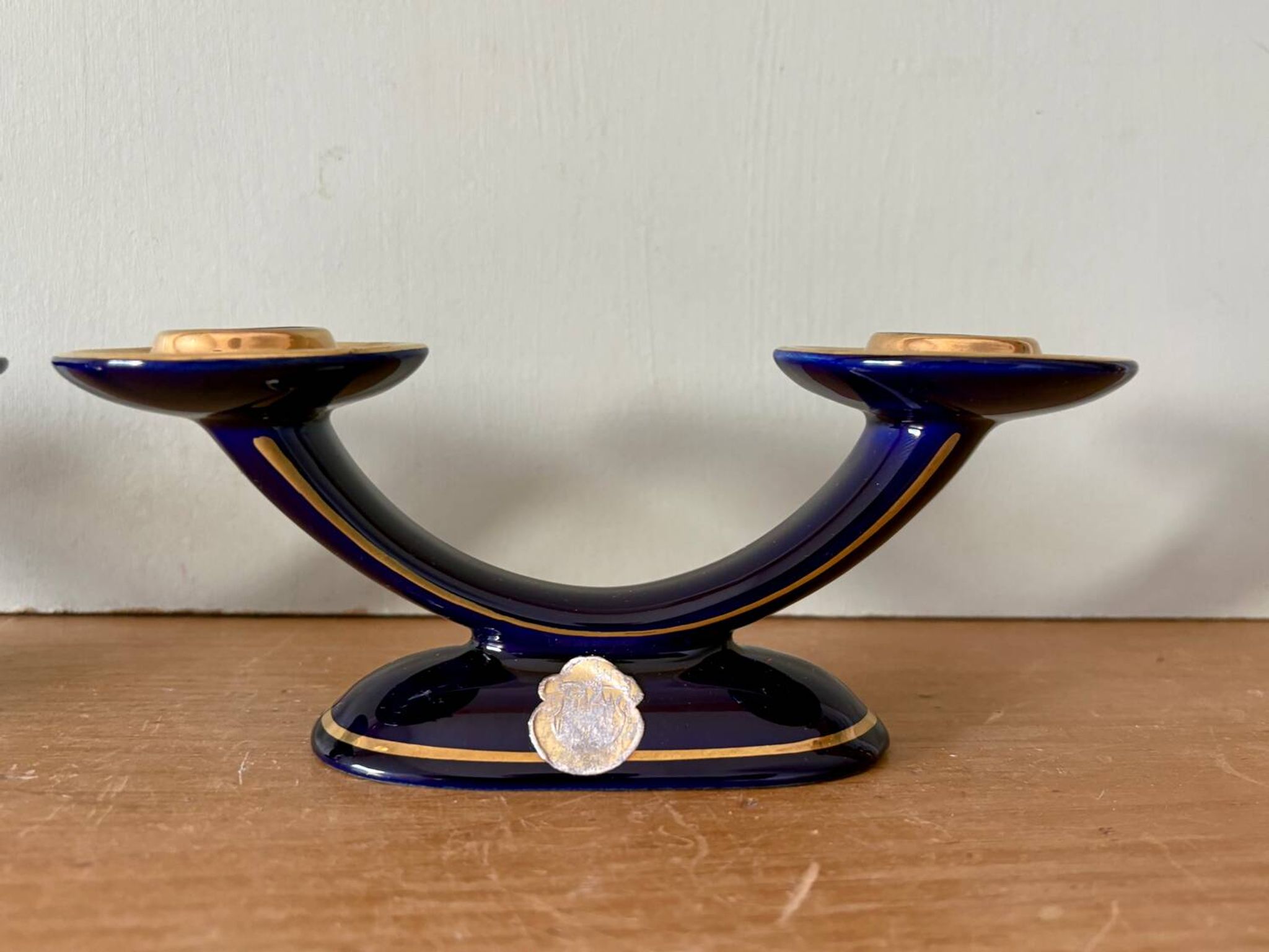 Set of 2 vintage blue and gold ceramic candle holders