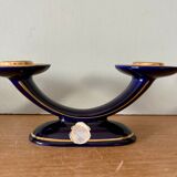 Set of 2 vintage blue and gold ceramic candle holders