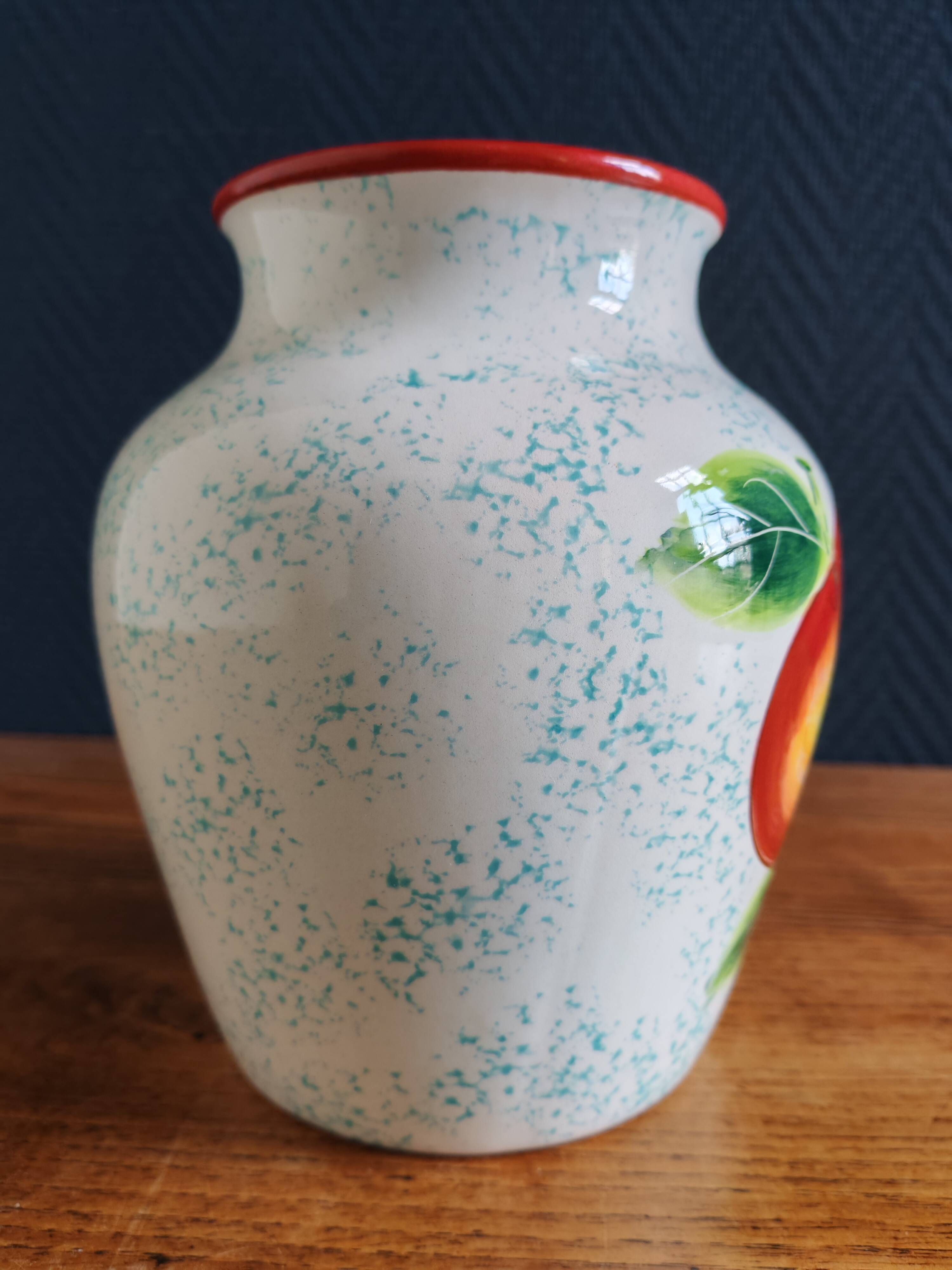 White Ceramic Vase with Peach and Leaf Motifs