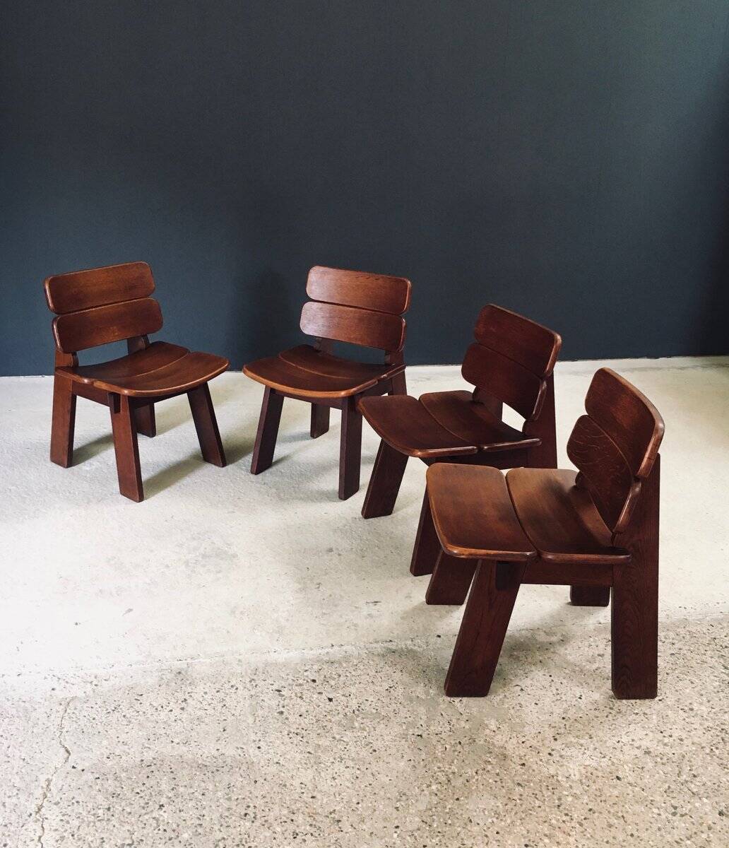 Constructivist Oak Dining Chairs, Belgium, 1960s, Set of 4