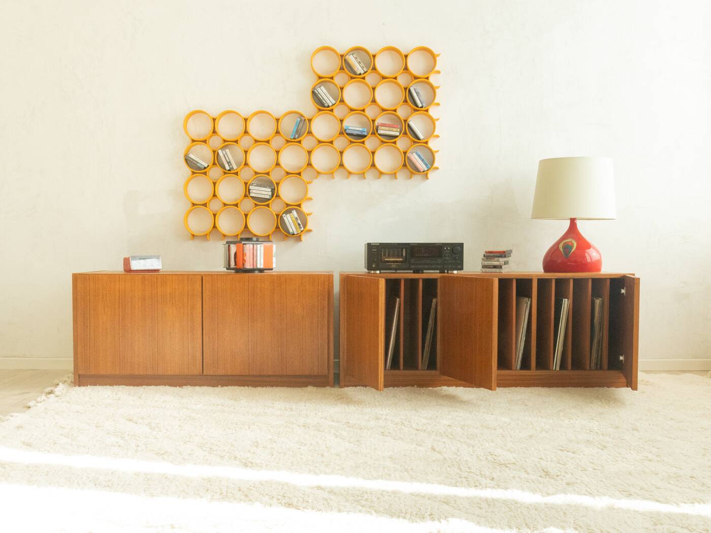 Two-piece hi-fi sideboard from the 1960s, teak veneer