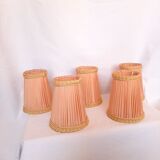 5 lampshades with clips for chandelier, 60s, pleated taffetas peach and golden trimmings