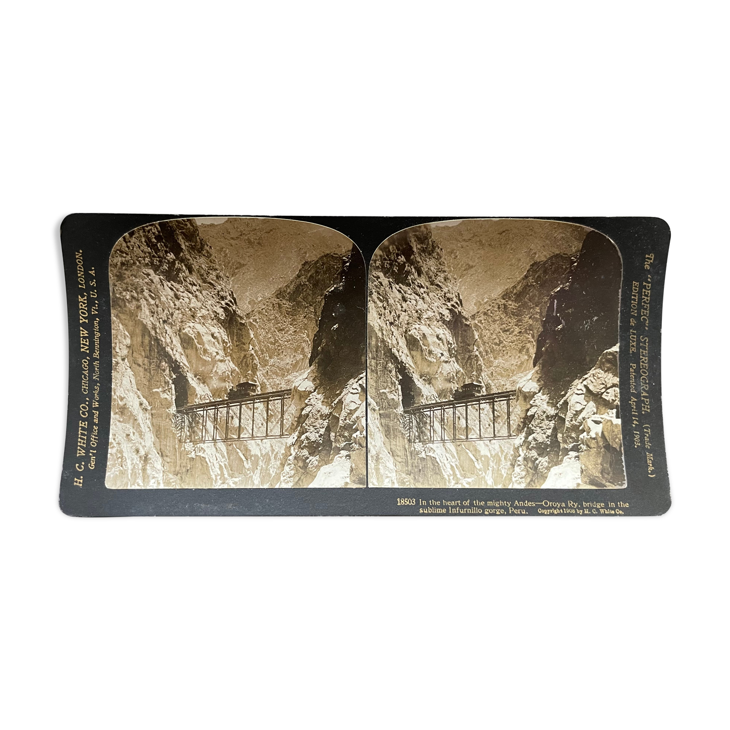 Old photography stereo, stereograph, luxury albumine 1903 Gorge d'Infurnilllo, Peru
