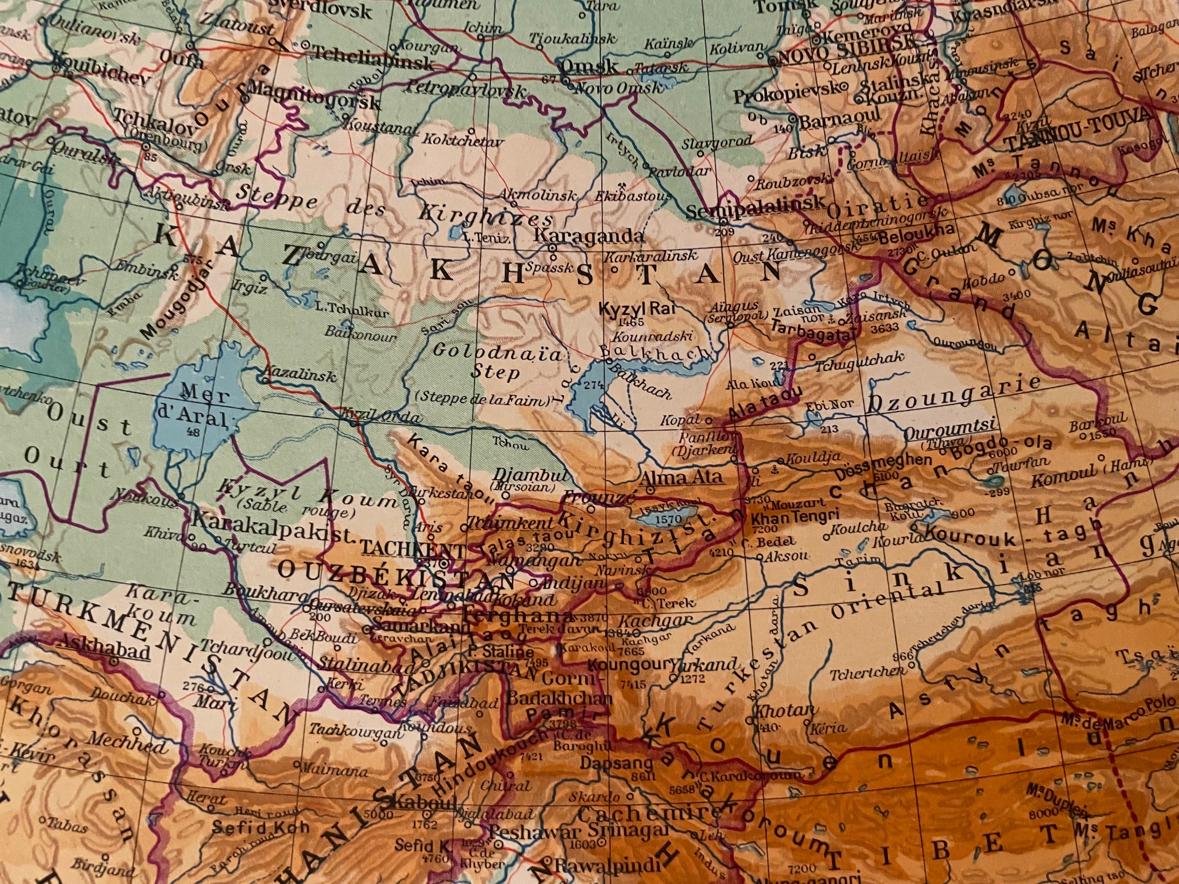 Old map of India, Nepal, Afghanistan and Himalayas from 1945