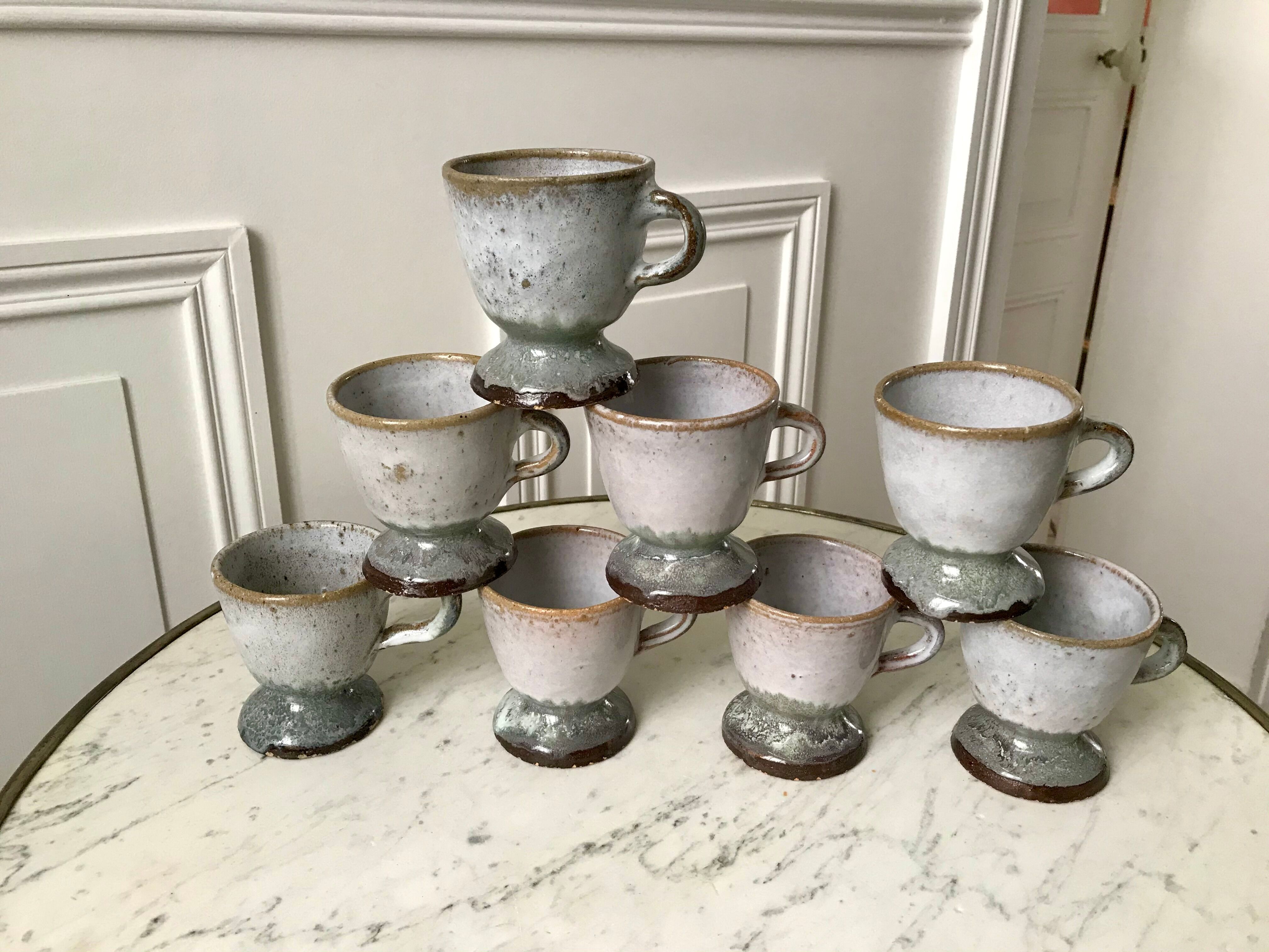 Set of 8 coffee cups, stoneware mazagrans handcrafted signed 70s