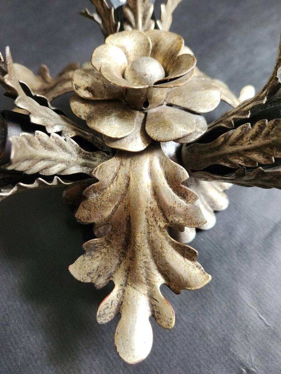 Vintage Florentine floral hand-forged silver-plated 3-light flush mount from Banci Firenze, Italy, Florence 1960s, set of 5