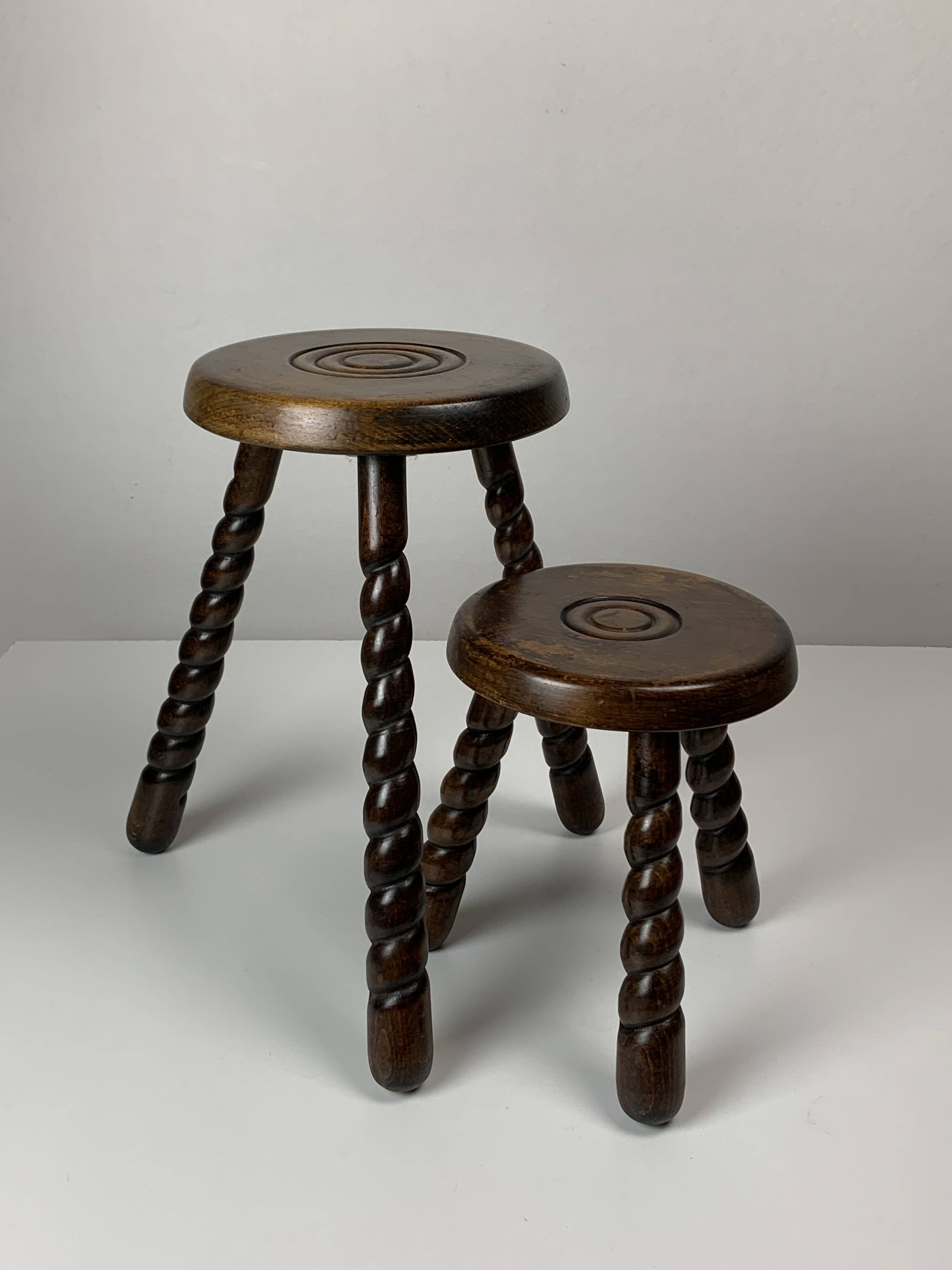 Pair of 2 midcentury brutalist modernist wood turned stools, ca 1950s