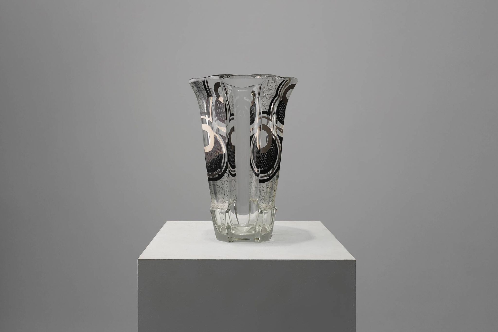 Art Deco Glass Vase with Black Graphic Decoration, France, circa 1940