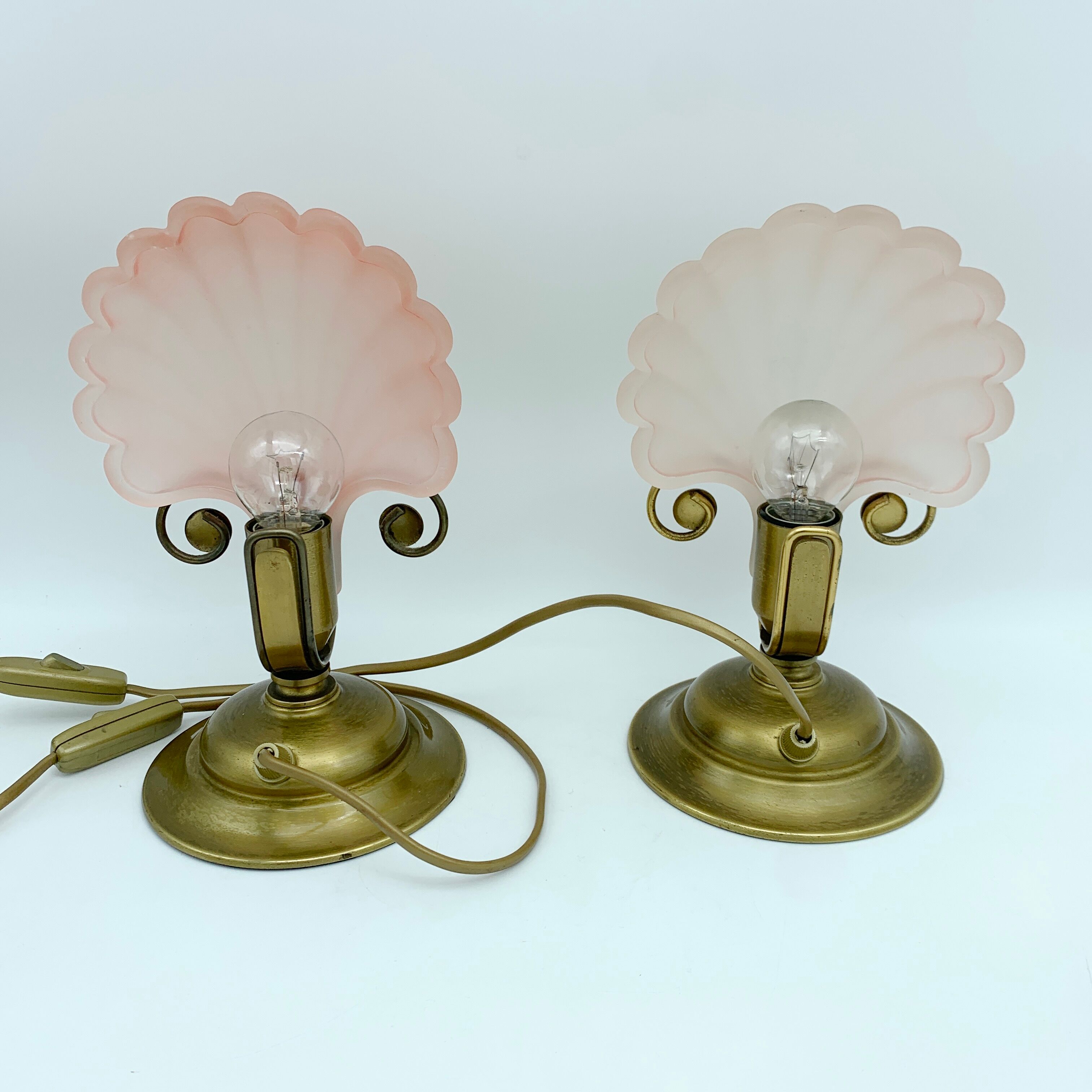 Pair of vintage brushed glass and brass shell lamps