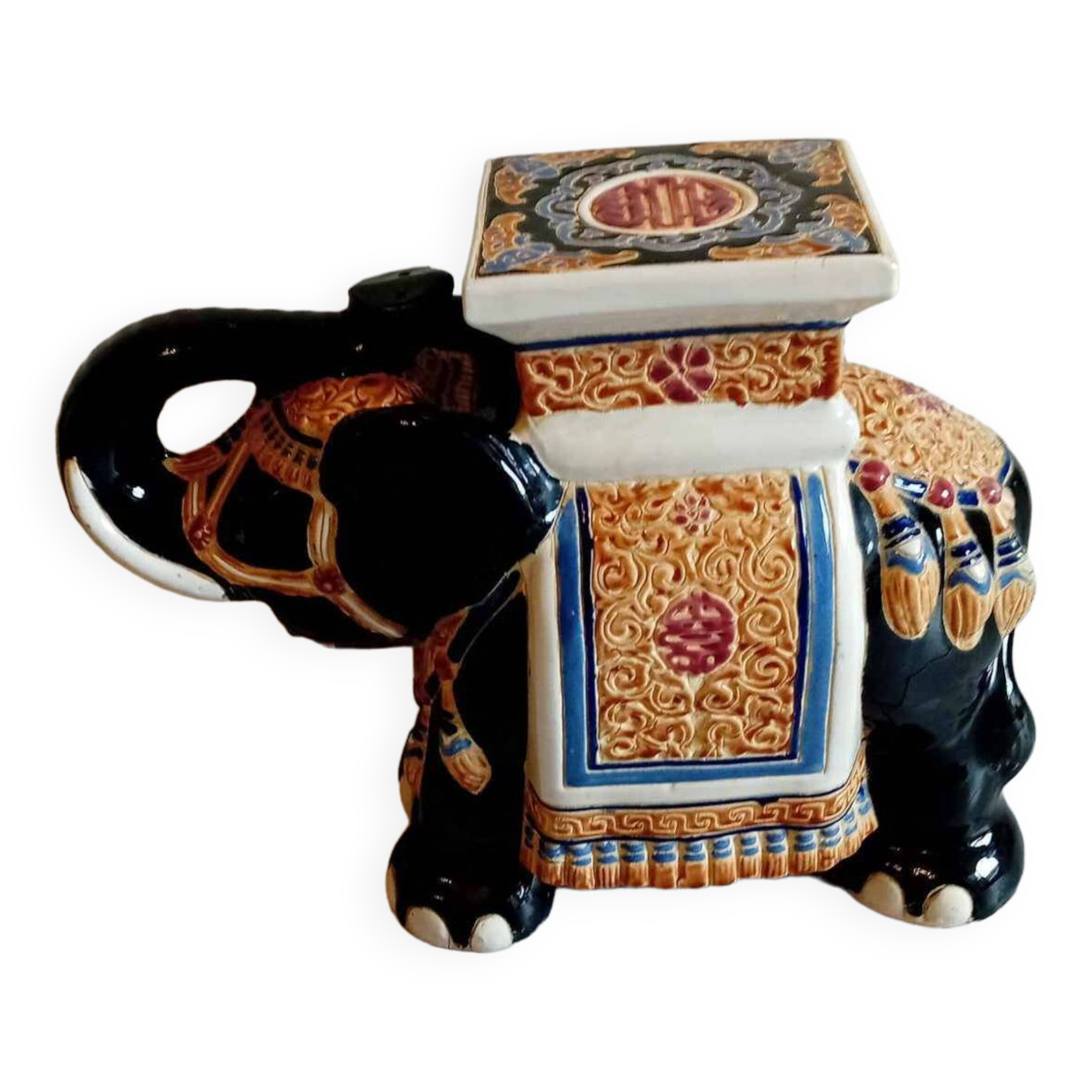 Elephant in black and beige glazed earthenware