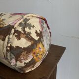 Coussin polochon de campagne en toile de lin 1950 à fleurs XL