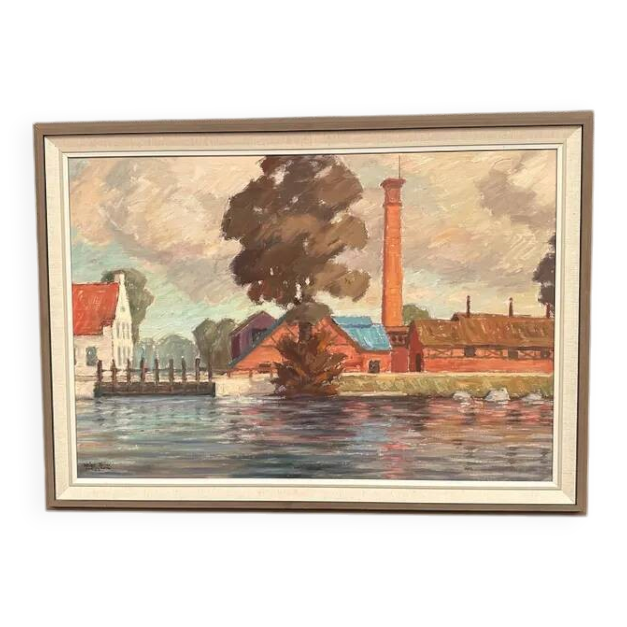 Original Swedish Oil on Panel - "Coastal Village" by Helge Andersson - Dated 1965 - Framed - 86 × 64 cm