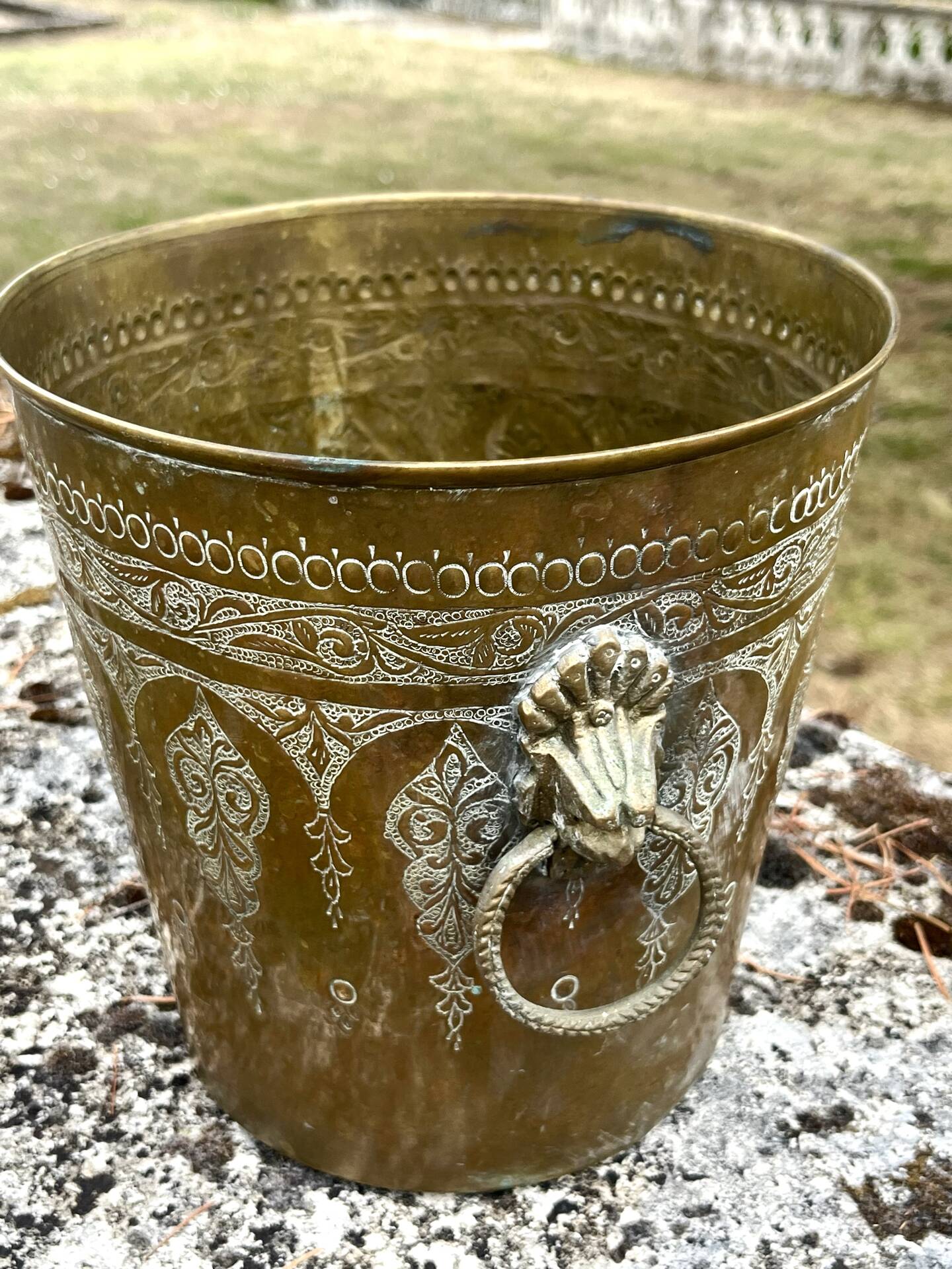 Persian Brass Champagne Bucket, Hand Engraved Ram Head Handles