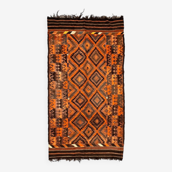 Tapis Kilim Tribal Ouzbek Vintage en Laine 353x189 cm Rouge, Orange, Marron, Noir Grand