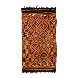 Tapis Kilim Tribal Ouzbek Vintage en Laine 353x189 cm Rouge, Orange, Marron, Noir Grand
