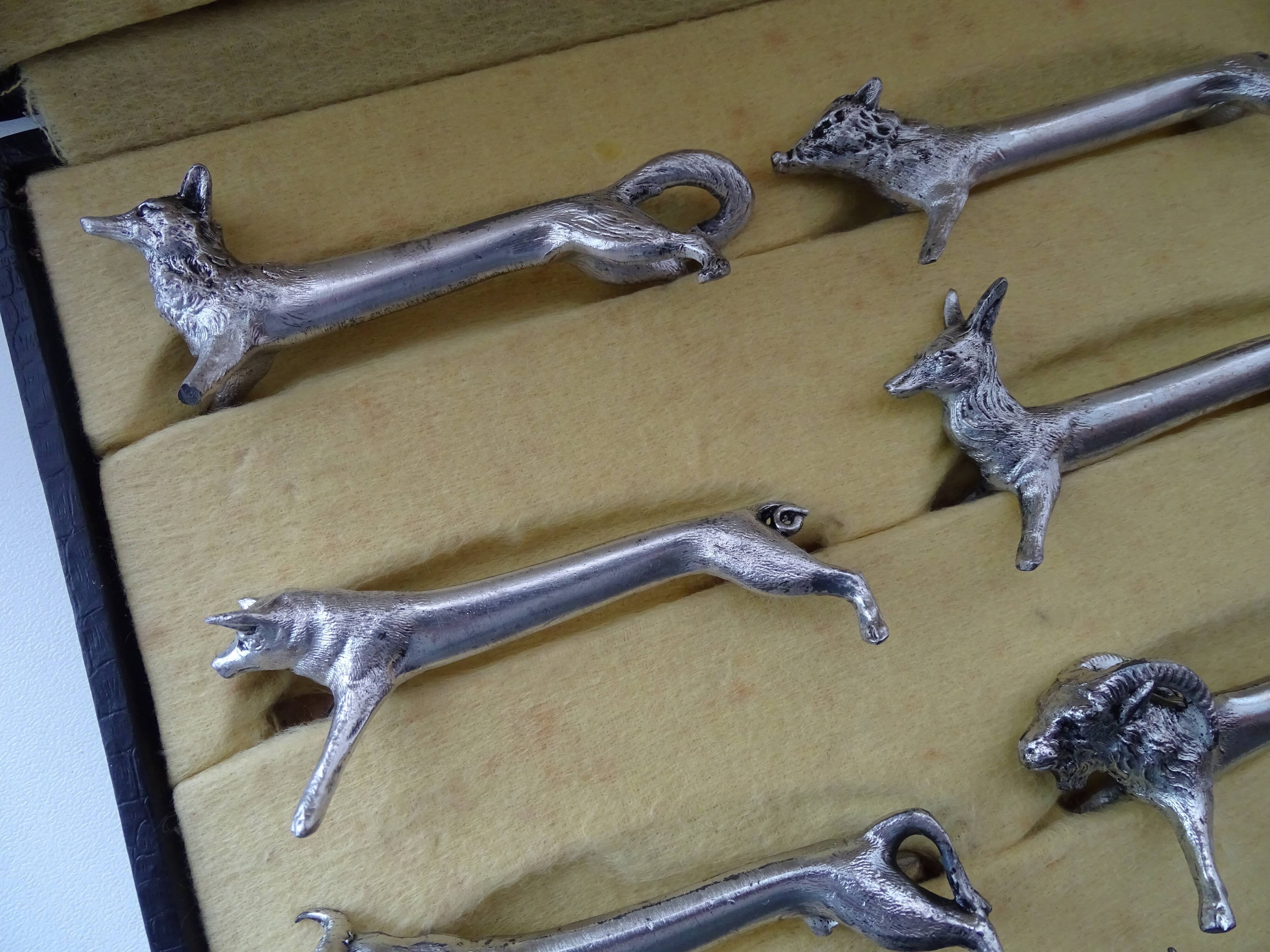 12 animal knife holders Art Deco antique silver metal in case