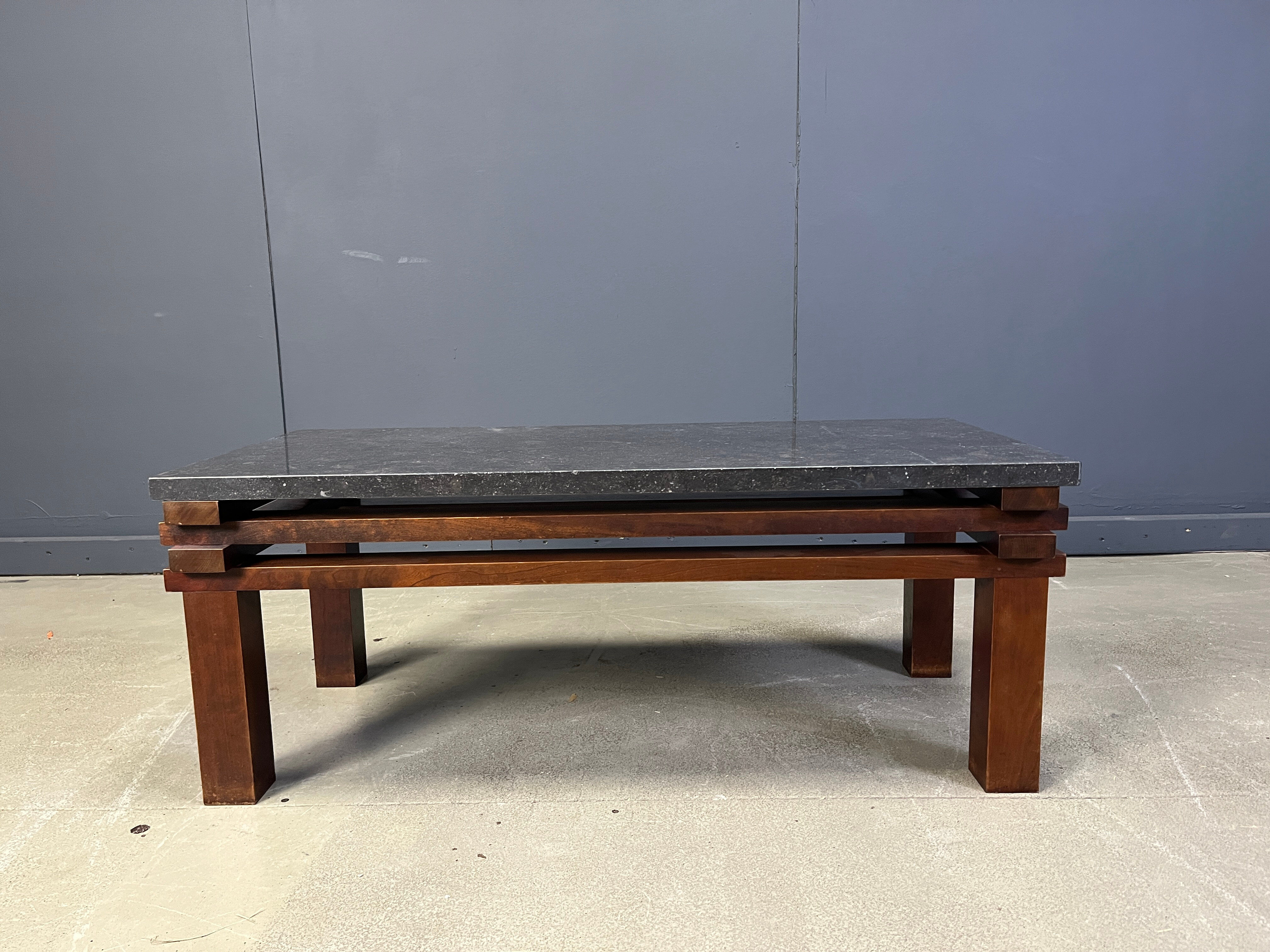Vintage wooden and stone top coffee table, 1970s