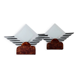 Two Vintage Murano Glass Table Lamps with Brown Metal Holders – Frosted Center, Black Stripes, Italy 1980s