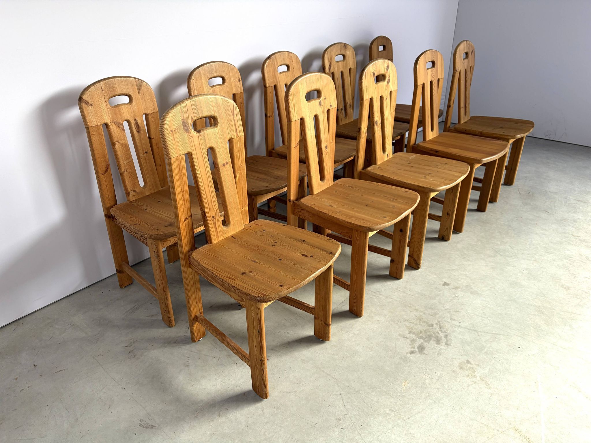 Set of 10 pine wood dining chairs by Effezeta Italy, 1970s